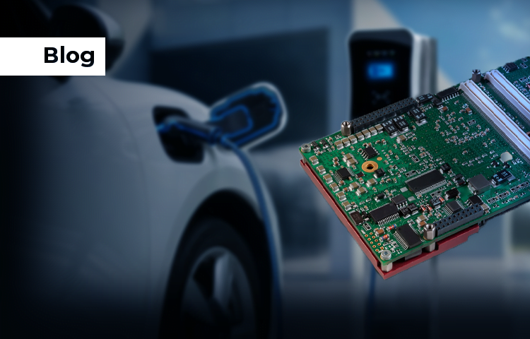Close-up of an electronic circuit board with a blurred background of an electric vehicle being charged.