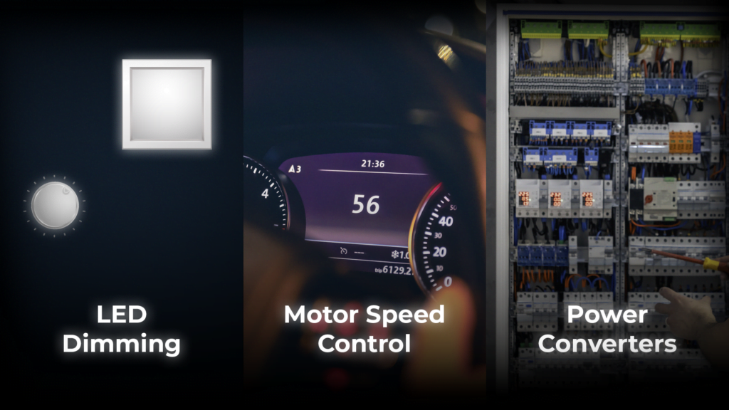 Real world examples for Pulse width modulation: Led dimming, motor speed control and Power converters