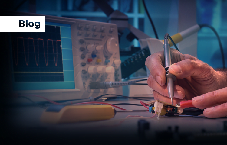 Technician using an oscilloscope and soldering equipment in an electronics lab.